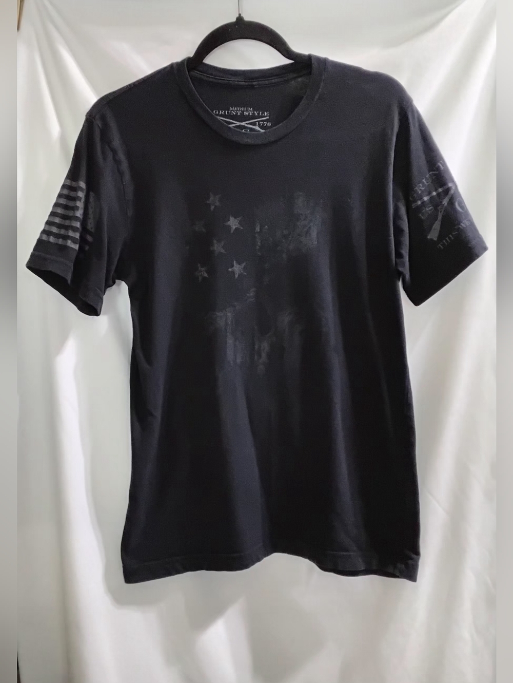Grunt Style Men's Black T-Shirt Faded American Flag Skull Mens Size Medium